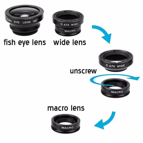 3 in 1 Phone Clip Lens Fisheye Lens Wide Angle Macro Lenses