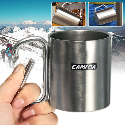 Outdoor Camping Cup 220ml Stainless Steel Coffee Mug Carabiner Hook Double Wall