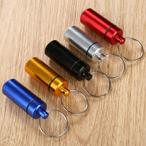 Waterproof Mini Aluminum Pill Box Case Bottle Holder Container Keychain Keyring Random Color